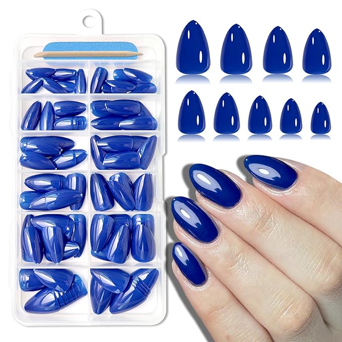 120pc Blue Almond Press on Nails Short Fake Nails Press ons for Women Acrylic Nails Press on Nails&Glue Tabs, Short Blue Press on Nails Almond False Nail Tip Stick on Artificial Fingernail