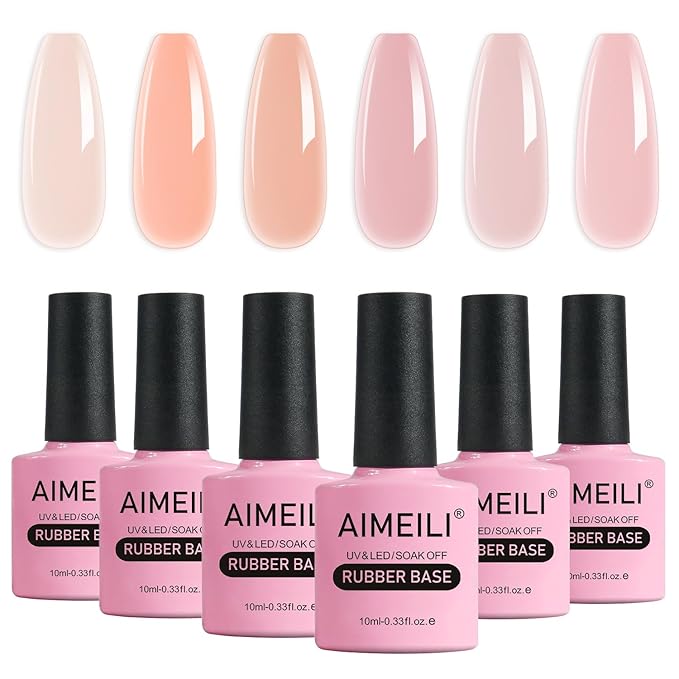 AIMEILI Hema Free Rubber Base Gel For Nails, Soak Off U V LED Clear Sheer Gel Nail Polish, 4 in 1 Nail Strengthen/Enhance/Base Coat/Color Set Of 6pcs X 10ml - Kit 47