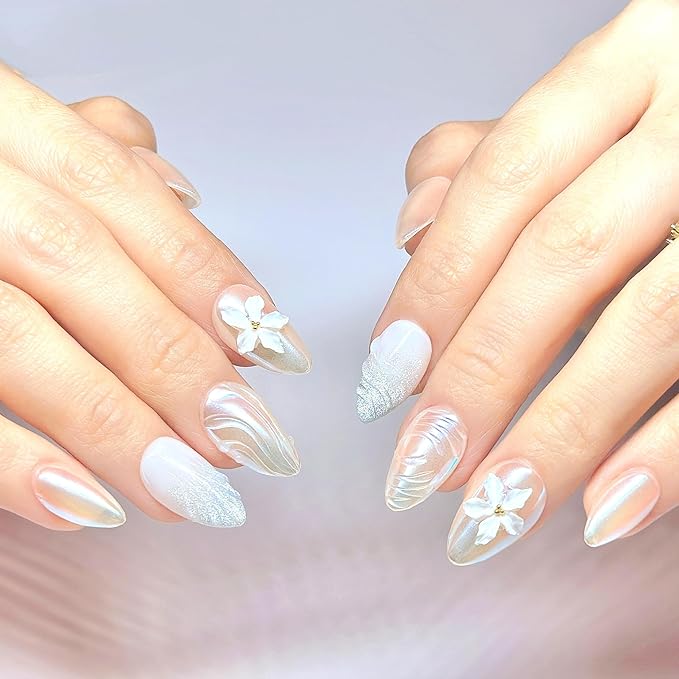 Handmade Press On Nails Short Almond Ivory Pearl Shimmer Nails with 3D White Flower. Natural Elegant Reusable Set (15 Sizes, 30 Nails + Glue) | Designed in L.A, Made in Vietnam| PEARL PROMISE