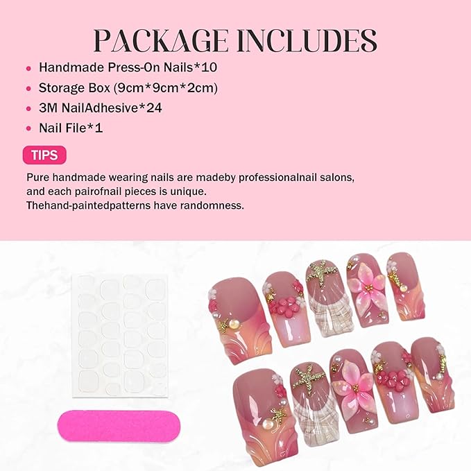 Medium Press on Nails Square Handmade False Nails Thick Acrylic Muti-Layer Gel 3D Flower Nails Press Ons wtih Shell Starfish Design French Tip Fake Nails Luxury Full Cover Stick on Nail for Women (M)