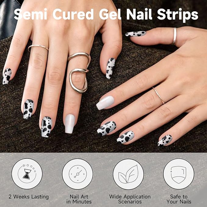 Semi Cured Gel Nail Strips (Dairy Cow), 28 pcs Gel Nail Stickers, Work with Any UV Lights, Long-Lasting NailWraps for Women Art DIY Design, Easy to Apply & Remove, Salon-Quality