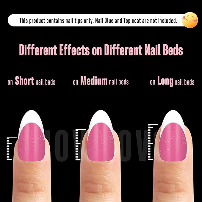 NOVO OVO White French Tip Almond Nail Tips Press on ROSE PINK, Extra Thick Medium Soft Gel Fake Nail Acrylic Extension, Need Builder Gel Top Coat, No Glue Included, for Salon DIY x 15 Sizes 240 pcs
