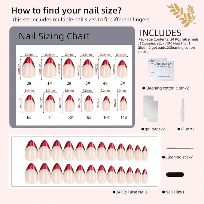 Press On Nails, Stiletto Shape, Nude & Red Metallic French Tip, Reusable Fake Nails Set