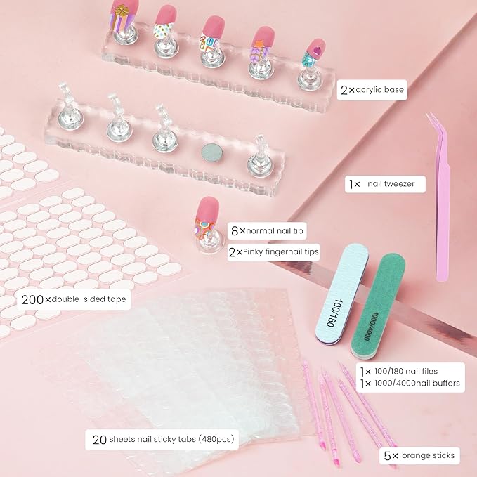 Nail Stand with 480 Pcs Nails Sticky Tabs for Press On Display Practice Magnetic Fake Nail Holder for Painting,20 Sheets Nail AdhesiveTabs,Double-Sided Tape,Press On Nail kit Salon Home