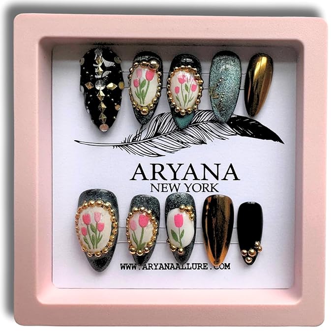 ARYANA NEW YORK 3D Press On Nails Handmade with Full Covered Crystals and Flowers Reusable Fake Nails Luxury Almond Nail Set, 10 PCS Acrylic Handmade Press On Nails - Flower Collection - (Small)