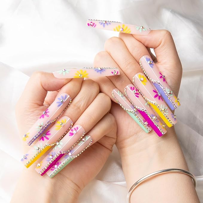 LOVFUL Press on Nails Wild Blooming | Handmade with Full Covered Crystals | Reusable Fake Nails | Square | H156-M, pink
