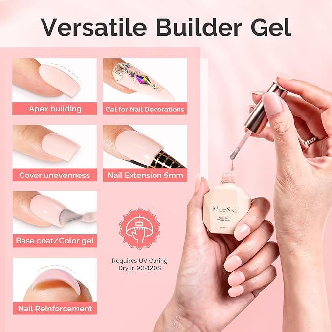 MelodySusie 2PCS 15ML 018 Nude Builder Nail Base Gel for Nails Thickening,Soak Off UV Extension Gel,Rhinestone Glue in a Bottle for Nail Art Design Gift for Women DIY Manicure at Home