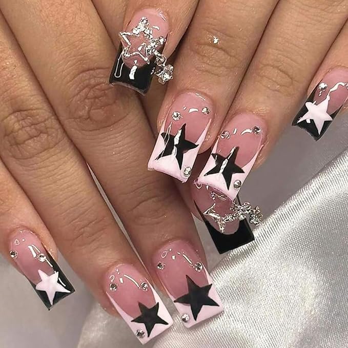Press on Nails Medium Square French Tip Black White Star False Nails with Designs Star Charm Y2K Acrylic Nails Glossy Glue on Nails Full Cover Manicure Artificial Nails for Women Girls 24Pcs
