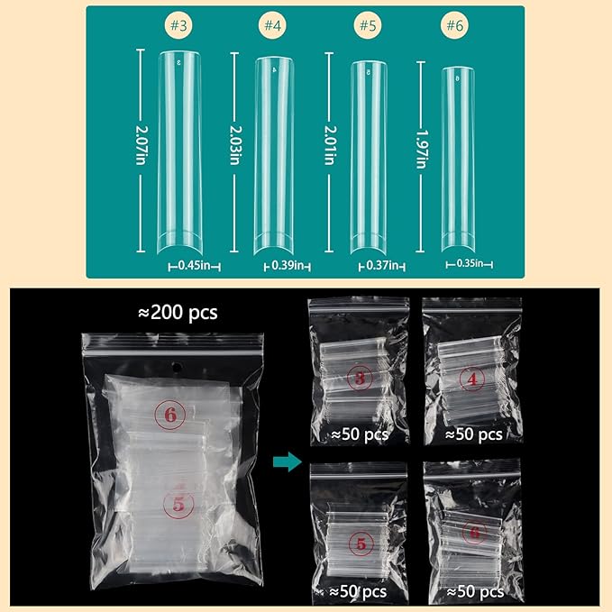 200PCS 3 4 5 6 Size NO C Curve Clear Nail Tips for Acrylic Nails Professional, 3XL Long Flat Tapered Square Nail Tips, Half Cover Straight French Fake Nail Tips Nail Extension for Nail Salons Home DIY