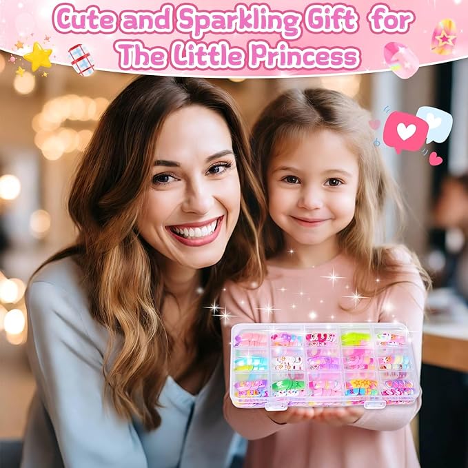 Press On Nails for Kids, 360 Pcs Almond Fake Nails for Girls, Heart Flower Nail Stickers, 3D Rhinestone Stickers Face Gems, Nail Art Kit for Girls Gift 8-12