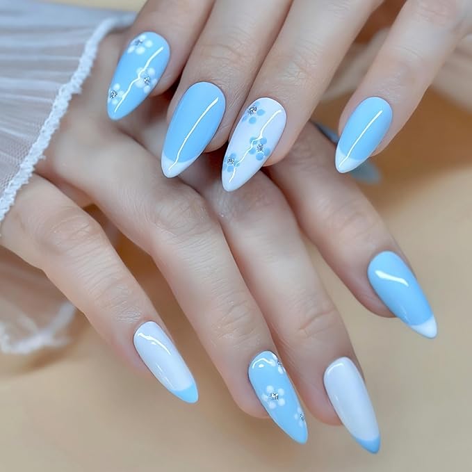 Handmade Press On Nails Medium Almond Pastel Blue White Flower with French Tip|Reusable Soft Gel Nails in 12 Sizes -24 Nail & Kit with Glue|Designed in L.A,Hand Painted in Vietnam|Fleur de Sky