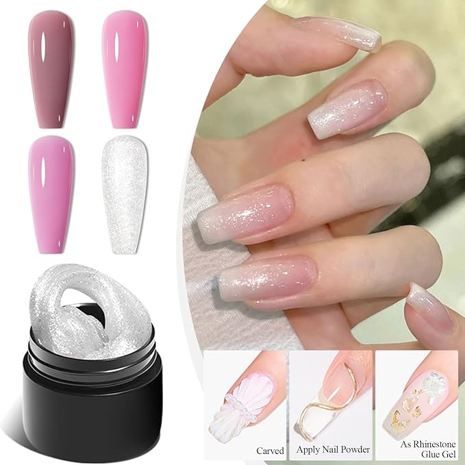 MEET ACROSS 9Pcs 3D Builder Gel Kit for Nail Art Dirty Pink Sliver Non Sticky Hand Carving Extension Solid Builder Gel for Nails with Silicone Pen Manicure Kit 4 Colors