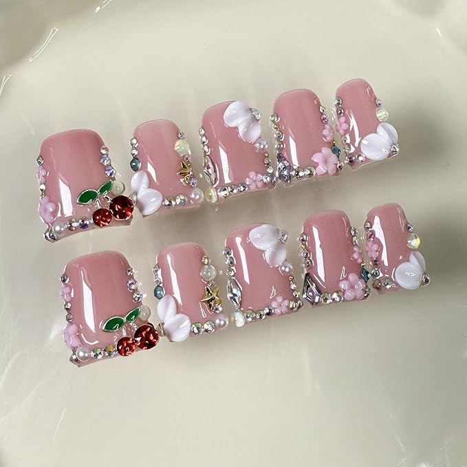 Pink Handmade Press on Nails Duck Medium Fake Nails 3D Cherry False Nails with Glue Sparkling French Tips False Nails Handmade Duck Nails Press ons Reusable Stick on Nail for Women 10Pcs(M)