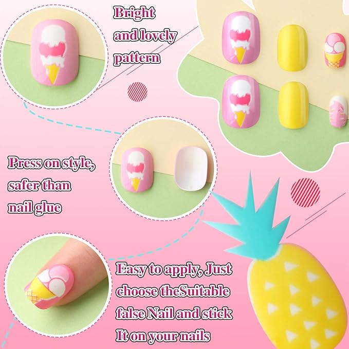 120 Pieces Kids Press on Nails Children Fake Artificial Nails Girls Full Cover Short False Christmas Fingernails for Girls Kids Design Decoration(Bright Summer)