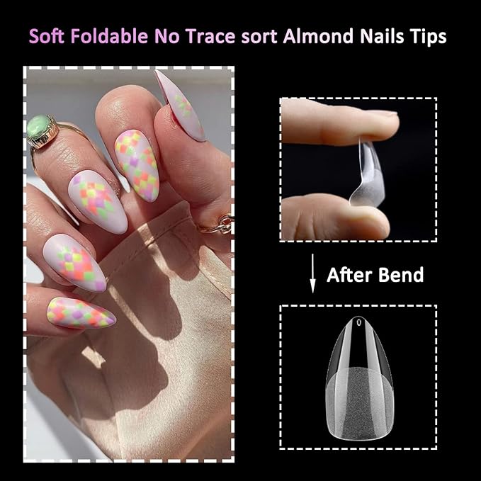 LoveOurHome 600pc Almond Nail Tips Medium Fake Nails Clear Press on Nail Almond Full Cover Short Stiletto Soft Gel Nails Tip Medium Artificial False Fingernails for Gel Acrylic Nail Extension