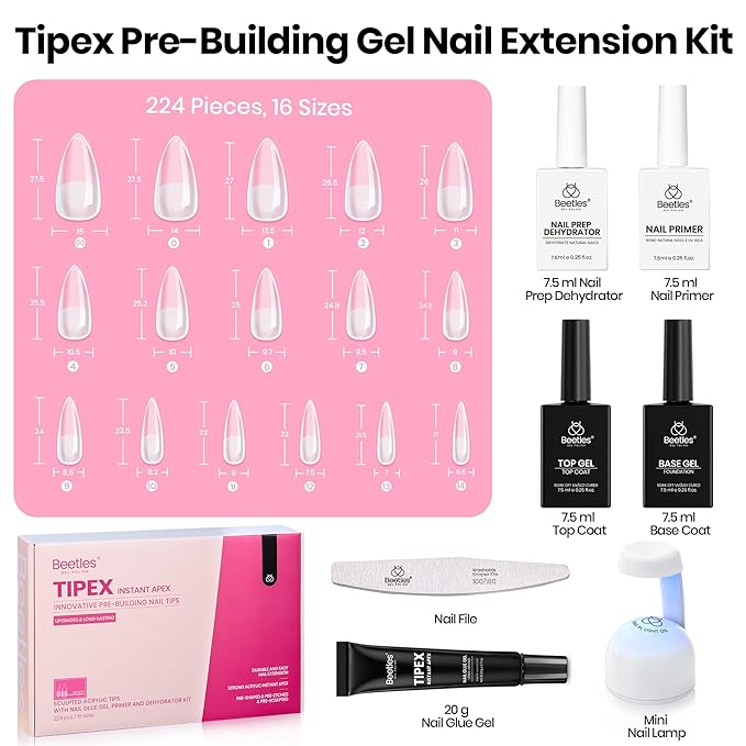 Beetles Tipex Instant Apex Nail Tips Kit – Stiletto Medium, Pre-Building Pre-Etched Thick Acrylic Tips with Tipex Nail Glue, Dehydrator, Primer, Base & Top Coat, Mini UV Lamp 224PCS in 16 Sizes