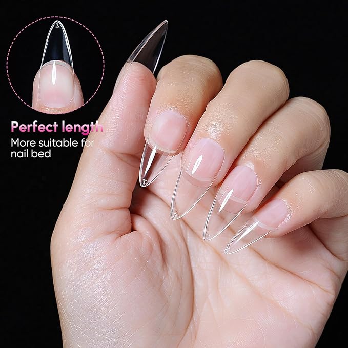 AIMEILI Long Stiletto Acrylic Nail tips Fake Nails, Pre-shape 504pcs Round Soft Gel Nail Tips Press on Nails for Full Cover False Nails 12 Sizes