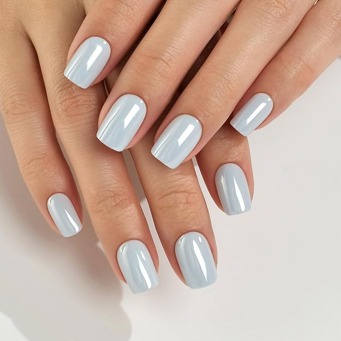 Chrome Press on Nails Square - SHANGMENG Soft Gel Blue Press on Nails Short for Women Gift, Glossy & Natural Stick on Nails with Glue in 16 Sizes - 32 Reusable Fake Nails, Aurora Light Blue