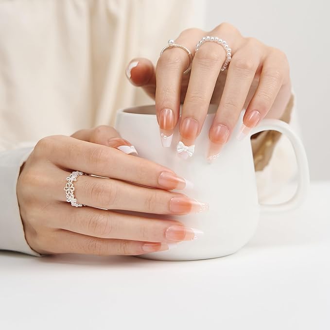 Press On French Tip Nails Handmade - Medium Ballerina Sheer Pink 3D Bow Pearls, Lightweight Durable False Nails For Women, Perfect For Gifting Or Salon Use, 24 Nails in 12 Sizes