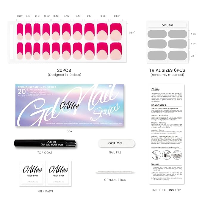Semi Cured Gel Nail Strips | Built-In Gel Top Coat | UV Light Required | Salon Quality, Easy Application And Removal (Pink French)