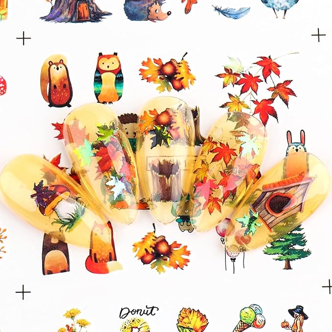 24 Sheets Fall Nail Art Decals, Holographic Autumn Leaf Water Transfer Decal Design, Maple Leaf Little Animals Nail Art Sticker for Women Girls Manicure Charms Decorations, Thanksgiving Nail Sticker