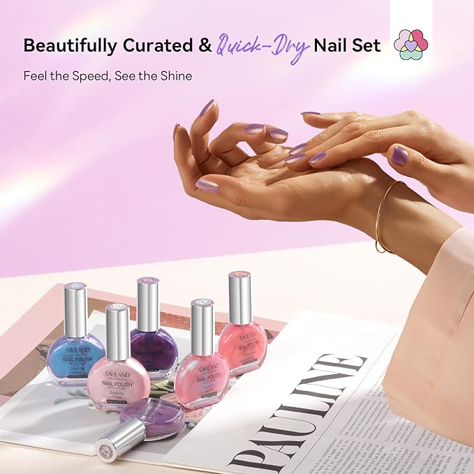 SAVILAND Pearl Nail Polish Set: Quick Dry 12-Free Aurora Nail Polish 6 Shimmer Purple Pink Blue Colors Fingernail Polish Set Summer Vegan Nail Toes Lacquer DIY Nail Art Home Use Christmas Gift Women