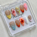 Handmade Press On Nails - Luxury Medium Almond Acrylic Nails with 3D flowers & Rhinestone Reusable Fake Nails, Elegant French Tip Contrast Color Design Nail Art for Women(10PCS)