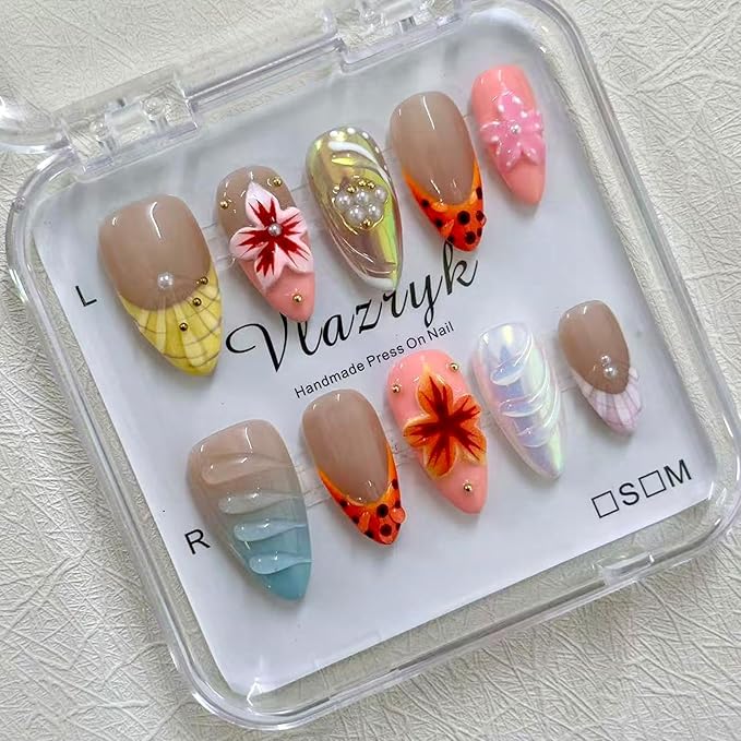 Handmade Press On Nails - Luxury Medium Almond Acrylic Nails with 3D flowers & Rhinestone Reusable Fake Nails, Elegant French Tip Contrast Color Design Nail Art for Women(10PCS)
