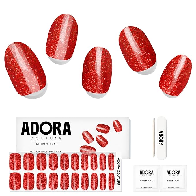 Semi-Cured Gel Nail Strips - 20 Salon-Quality Gel Sticker with UV Light Required, Long Lasting, Easy Application & Removal, Includes Prep Pad, Nail File, Wooden Stick (Ruby Radiance)