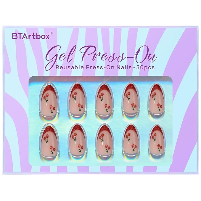 BTArtbox French Tip Press On Nails Almond - Red Press On Nails with Cherry Design, Short Almond Stick On Nails for Women, Soft Gel Fake Nails Kit in 16 Sizes, Sweet Cherry