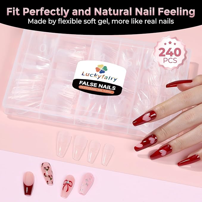 Long Coffin Nails Tips Full Cover Acrylic Nail Tips Pre-buff 240pcs Clear Coffin Fake Press On Nails No C Curve Easily DIY Art Nail Extensions Long-lasting, 12 Sizes Luckyfairy
