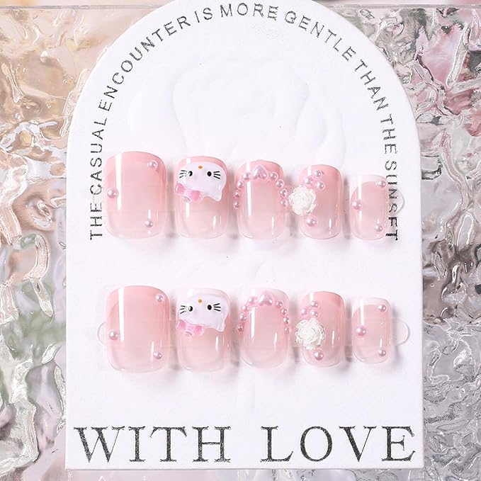 24Pcs Nude Pink French Tip Press on Nails Kit, Fake Nails Extra Short Square with 3D Pearl Designs Cute Cat False Nails French Tip Acrylic Nails Glue on Nails for Women Fashion Fingernails