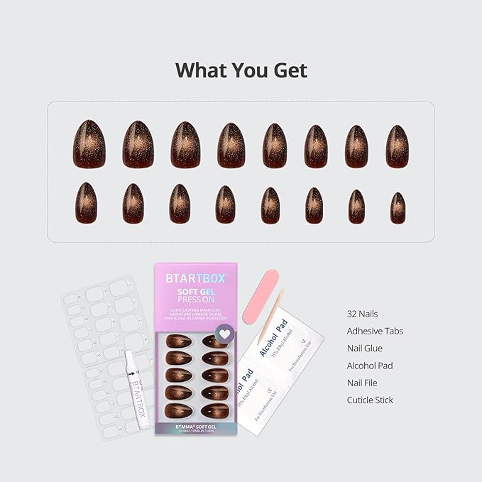 BTArtbox Press On Nails Short - Mocha Hypnotic, Almond Brown Spakly Cat Eye Press On Nails with Glue and Adhesive Tabs for Women, Soft Gel Glue On Nails in 16 Sizes - 32 Stick On Nails Kit
