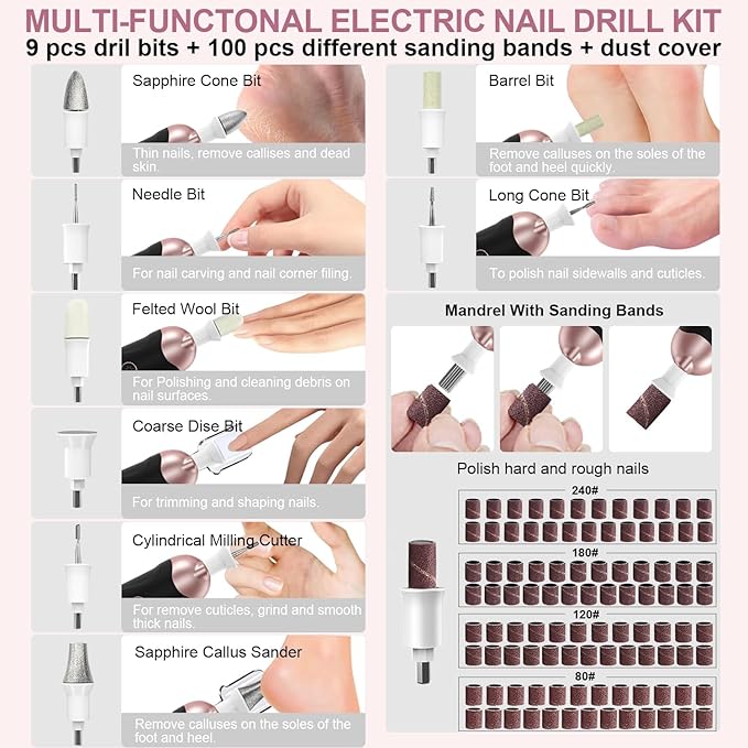 2 Pack All-in-One 9-in-1 Cordless Nail Drill Kit: 100 Bits, 5 Speeds for Perfect Nails at Home & Salon,Black