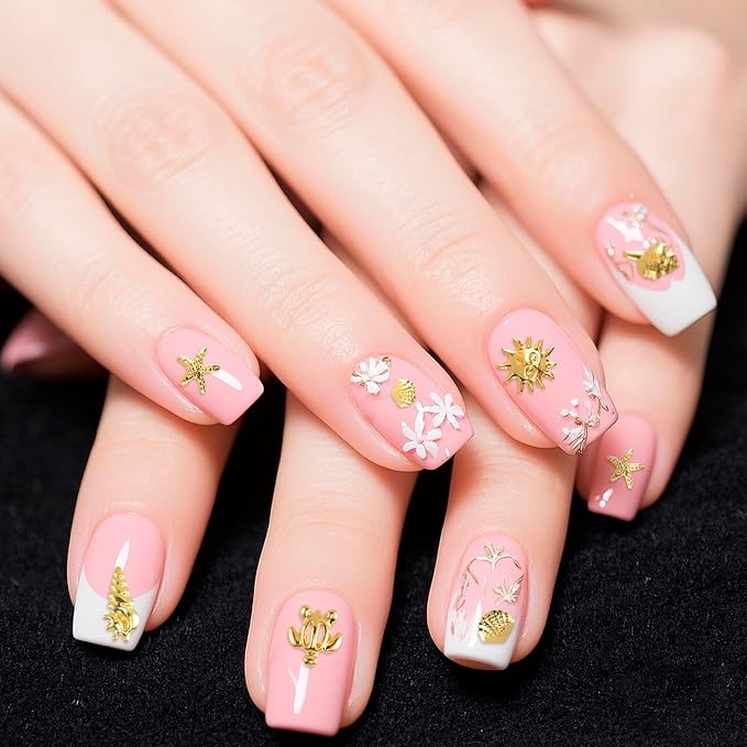 Ocean Nail Art Charms, 3D Metal Nails Stickers, Beach Starfish Seashell Decals Manicure DIY Embellishments for Women- Gold