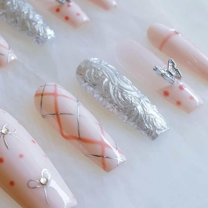 Press-on Nails, Long Ballerina Style, Pink with 3D Silver Butterfly and Bow Design, Handmade False Nail 10 Pieces (Small, LB)