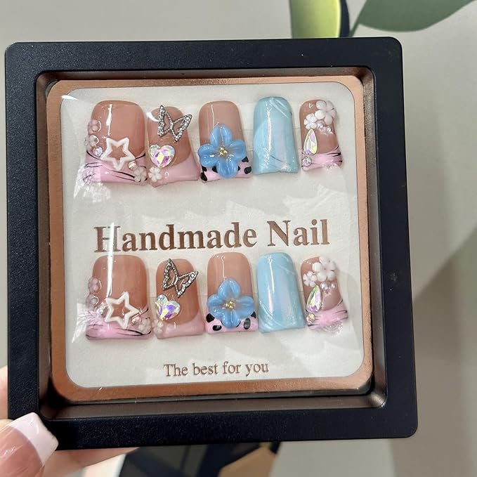 Duck Press on Nails Handmade Fake Nails Short False Nails with Glue,Muti-Layer Gel Thick Press ons Nail 3D Flower Art ＆ Luxury Gems Design Reusable Pink French Nails for Women(Size S)