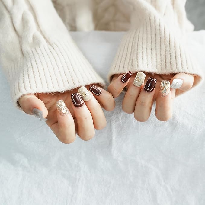 Handmade 3D Press On Nails Short Coffin,New Year Valentine False Nails Burgundy Silver Glitter with Geometric Line Art & Hand-Set Rhinestones - 10Pcs Luxury Design (Fiery Red Lips,M)