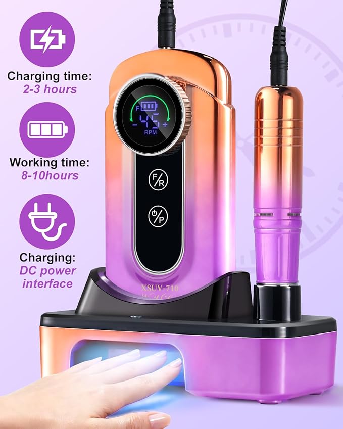 Professional Electric Nail Drill Kits 45000RPM Gradient Purple Portable Cordless 3-in-1 Nail File Machine with Rechargeable Stand and Nail Lamp for Acrylic Gel Polish Removing Home & Salon Use