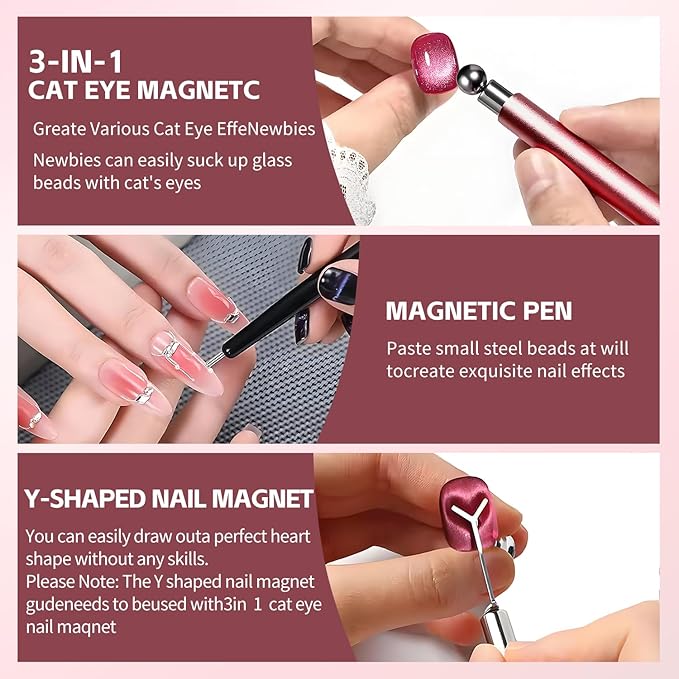 4 Pcs Cat Eye Magnet Set – Red Dual-Ended Nail Magnet With Round Bead, 2 Heart Nail Magnets for Nail Art, and Black Magnetic Bead-Pickup Pen, Magnet for Cat Eye Gel Polish DIY Nail Designs
