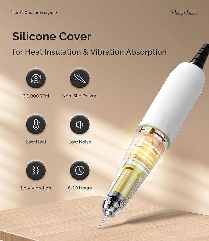 MelodySusie Entry-Level Clip-On Rechargeable Nail Drill with Anti-Slip Silicone Handle, SC300I 30000RPM E-File for Manicure Shaping & Gel Removal, Perfect for Training, Nail Art Practice & Home Use