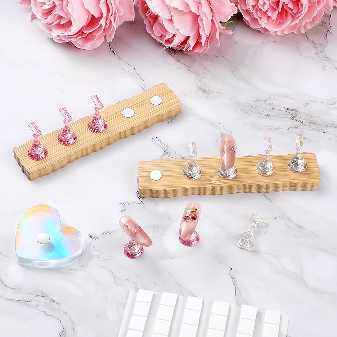 Etercycle 2 Set Wooden Nail Holder for Display Painting Nails - 1 Aurora Heart Shaped Acrylic Magnetic Practice Nail Stand - Fake Nail Holder for Press On Nails with Reusable Adhesive Putty