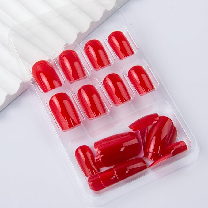 Red Press on Nails Medium Square Fake Nails Wine Red Cat Eye False Nails Glossy Chrome Glue on Nails Shiny Glitter Reusable Artificial Acrylic Nail for Women Girls Manicure 24Pcs