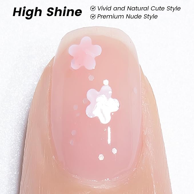 YTD Likomey Nude Gel Nail Polish,15ml Translucent Neutral Jelly Sheer Flowers Glitter UV Nail Gel,Sheer Pink Three-Dimensional White Petals DIY Manicure Varnish,LS326