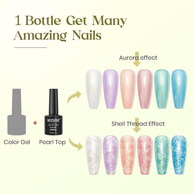 MIZHSE Pearl Gel Polish, Mermaid Glitter Nail Gel Polish 2-IN-1 Shiny Shell Thread Drawing Soak Off U V LED Nail Gel for Nail Salon Home DIY Manicure 1PC 10ml