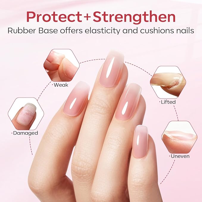 modelones Rubber Base Builder Nail Gel Polish, 6 Color Clear Nude Milky Baby Pink Jelly Brown 6 in One Strengthener Apex Building Extension for Weak Nails Long Last U V French Manicure Gift for Women