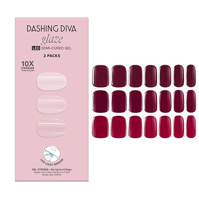 Dashing Diva Glaze Nail Strip 3-in-1 Kit - Best of Reds - Long Lasting, Chip Resistant, Semi-Cured Gel Nail Strips - Contains 96 strips, 3 prep pads, 3 manicure sticks, 1 nail file