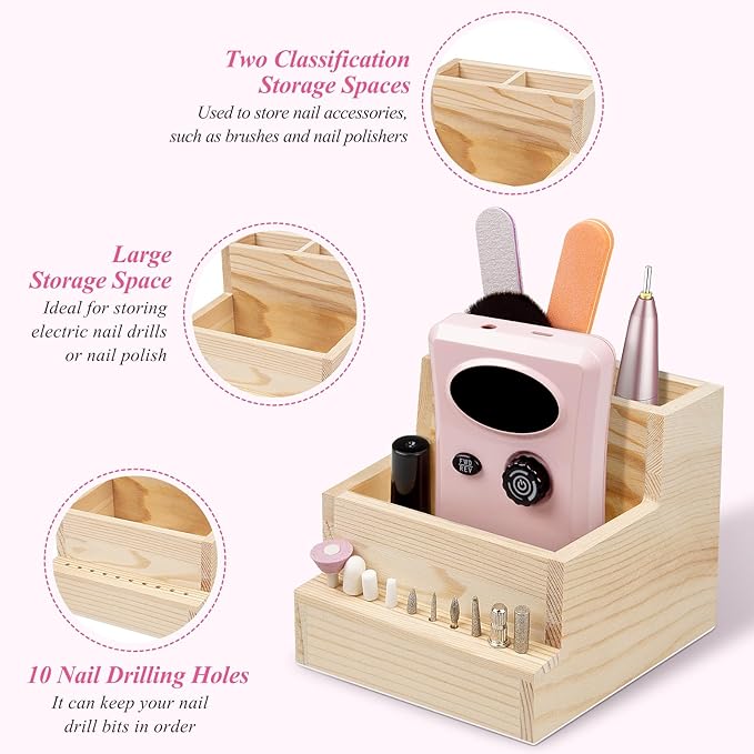 Nail Drill Bits Holder, Wooden 10 Holes Nail Drill Machine Holder Display Storage Box, Durable Nail Art Polishing Grinding Drill Bit Organizer for Home Use or Nail Salon