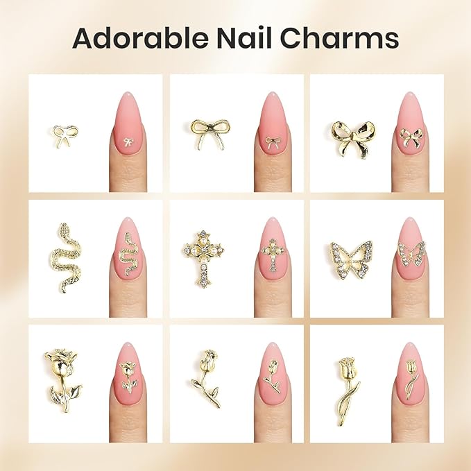 Beetles Gold Nail Charms Set 54PCS Metallic Nail Art Tools Bows Cross Butterfly Heart Pearl and Flowers 3D Nails Charms and Gems for Nails Art Design Gold Metal Manicure Accessories