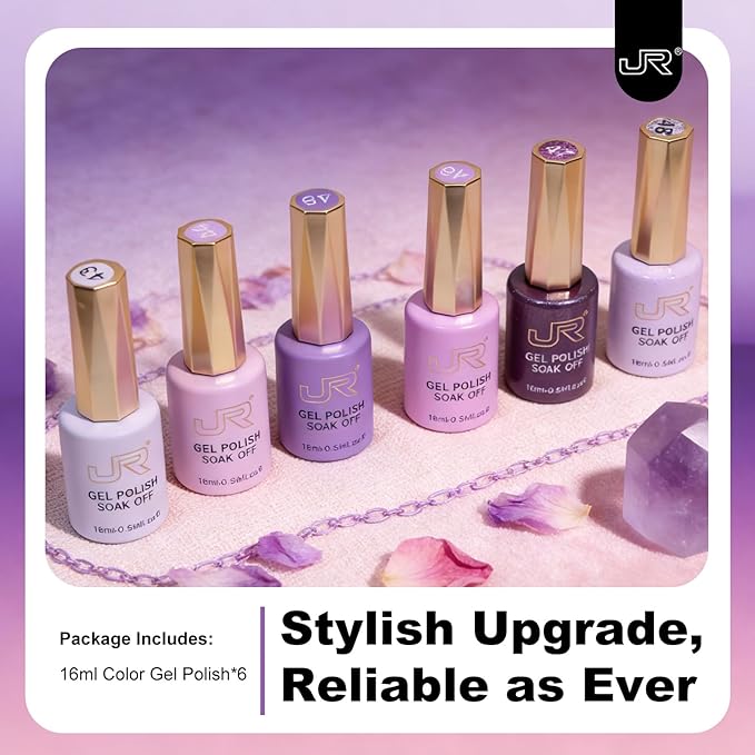 JR Purple Gel Nail Polish Set, 16ml Full Size Bottle 6 Colors Purple 9D Cateye Glitter Nail Gel Polish Gift Soak Off Led Nail Art Kit Salon DIY Colorful Bottle H Set